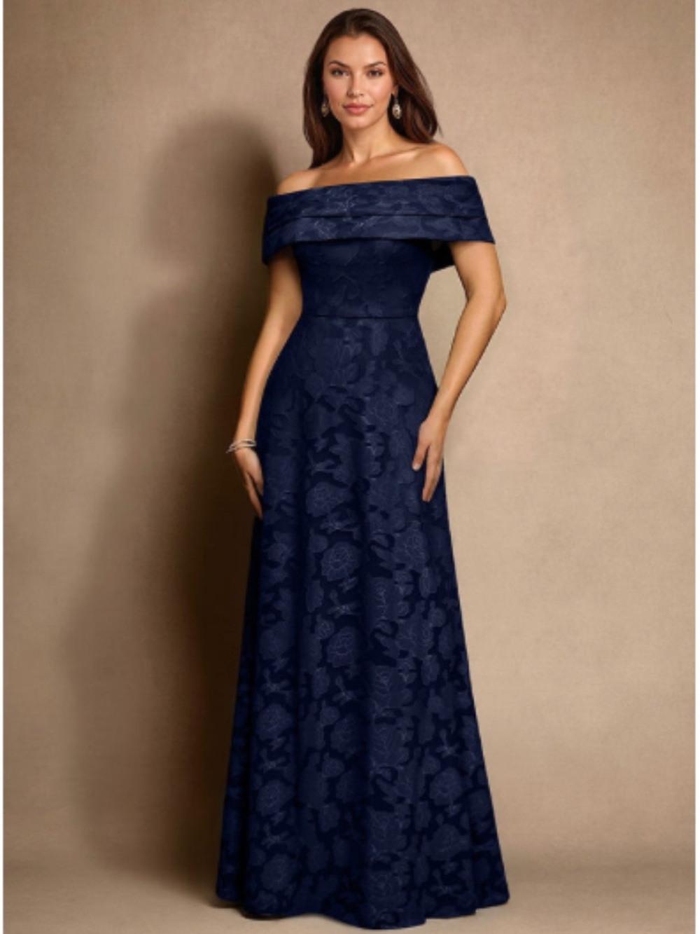 Off-Shoulder Navy Floral Jacquard Prom Gown
